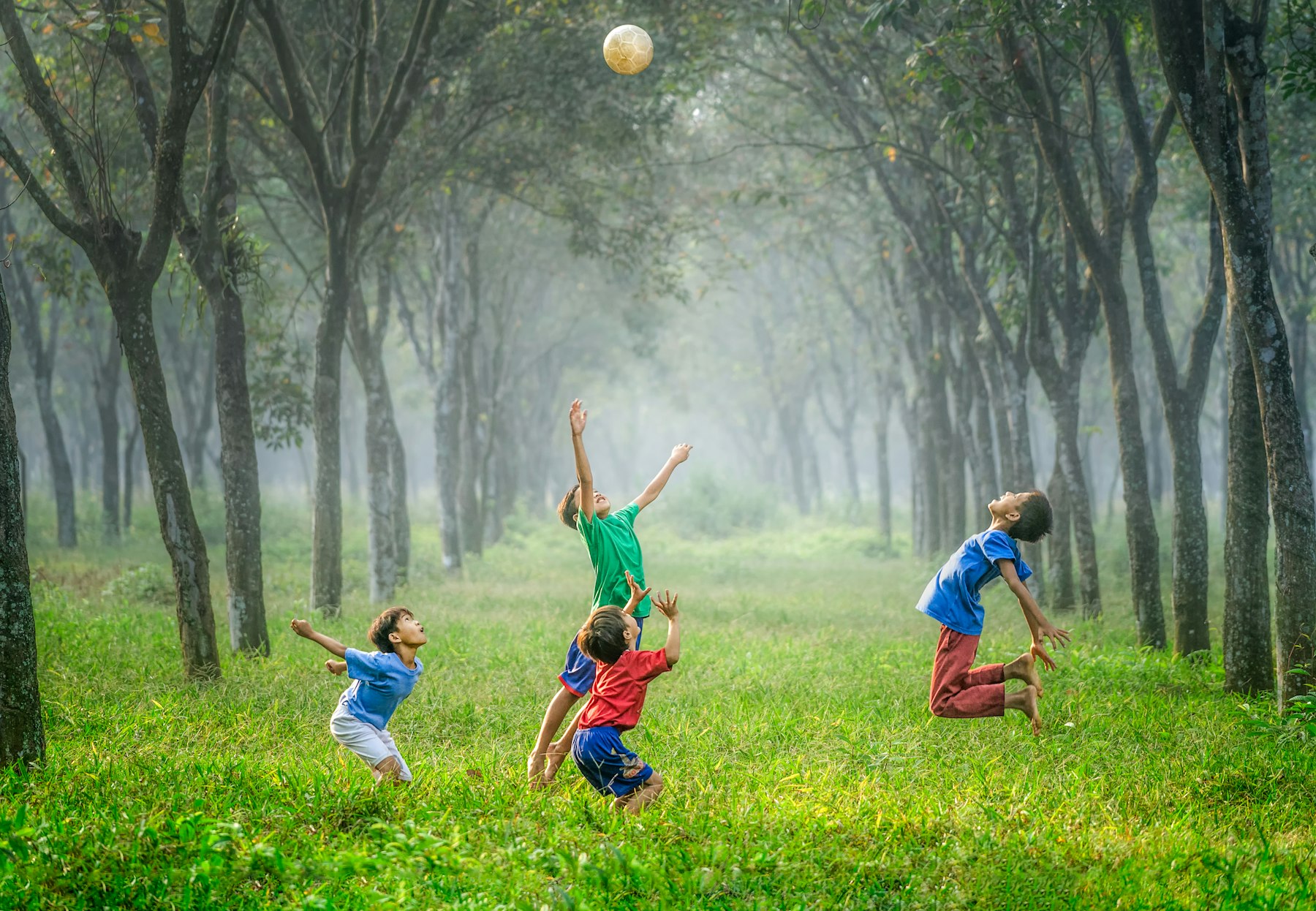 Children playing ball outdoors on green grass
